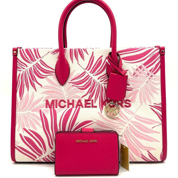 Michael Kors Medium Mirella Tote Bag & Medium Bifold Zip Chain Wallet Pink/Gold - Picture 1 of 14